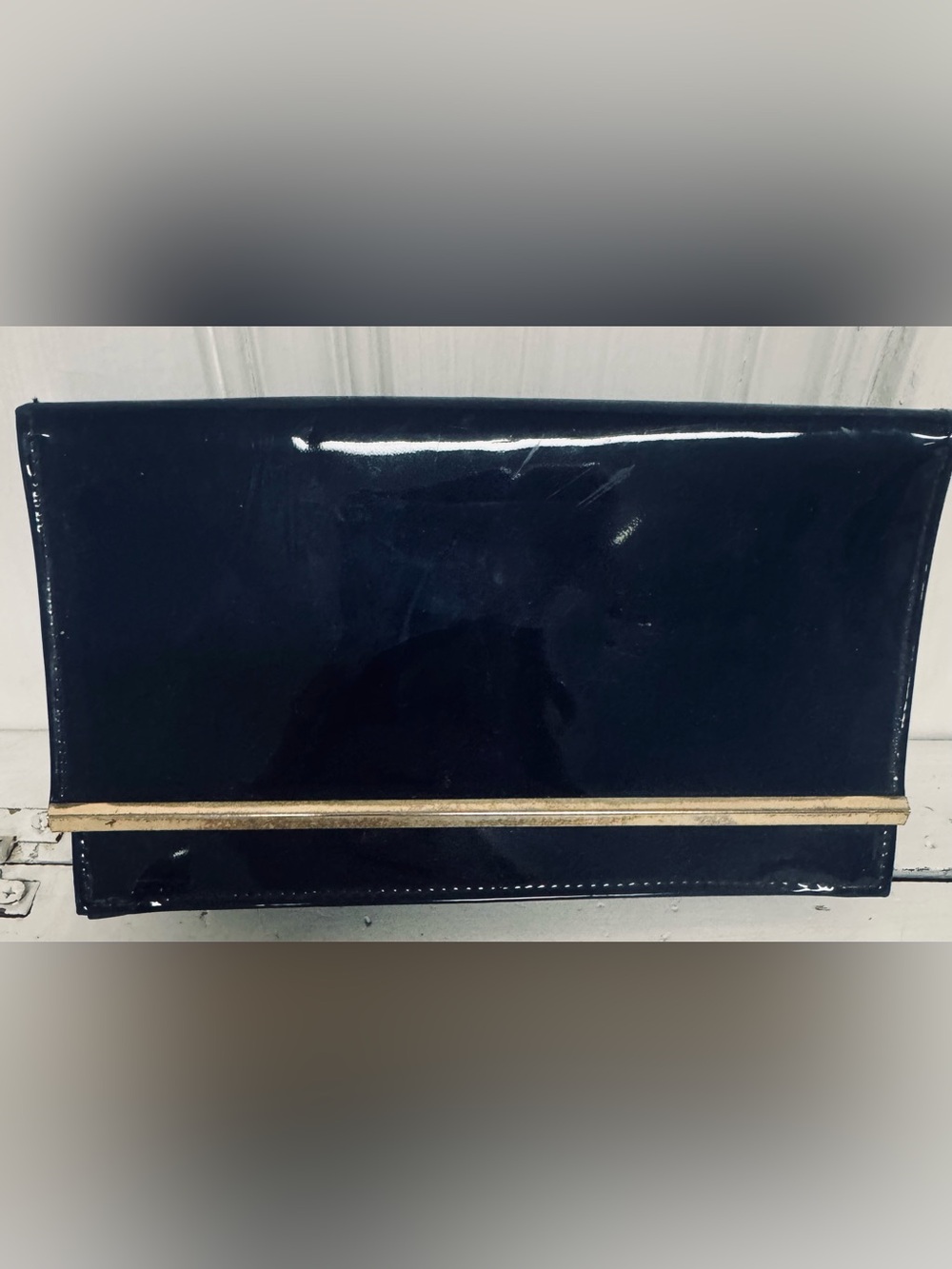 Vintage HL USA Navy Blue Patent Envelope Clutch Bag w/ Gold Chain Strapt